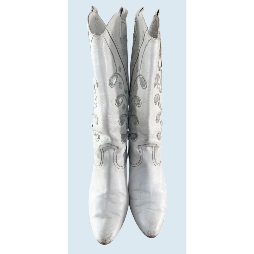 Vintage SACHA LONDON White Leather Embellished Western Boots 1980s Sz 7.5 - Picture 2 of 8
